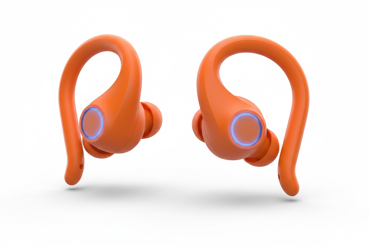 Orange wireless earbuds with a white background