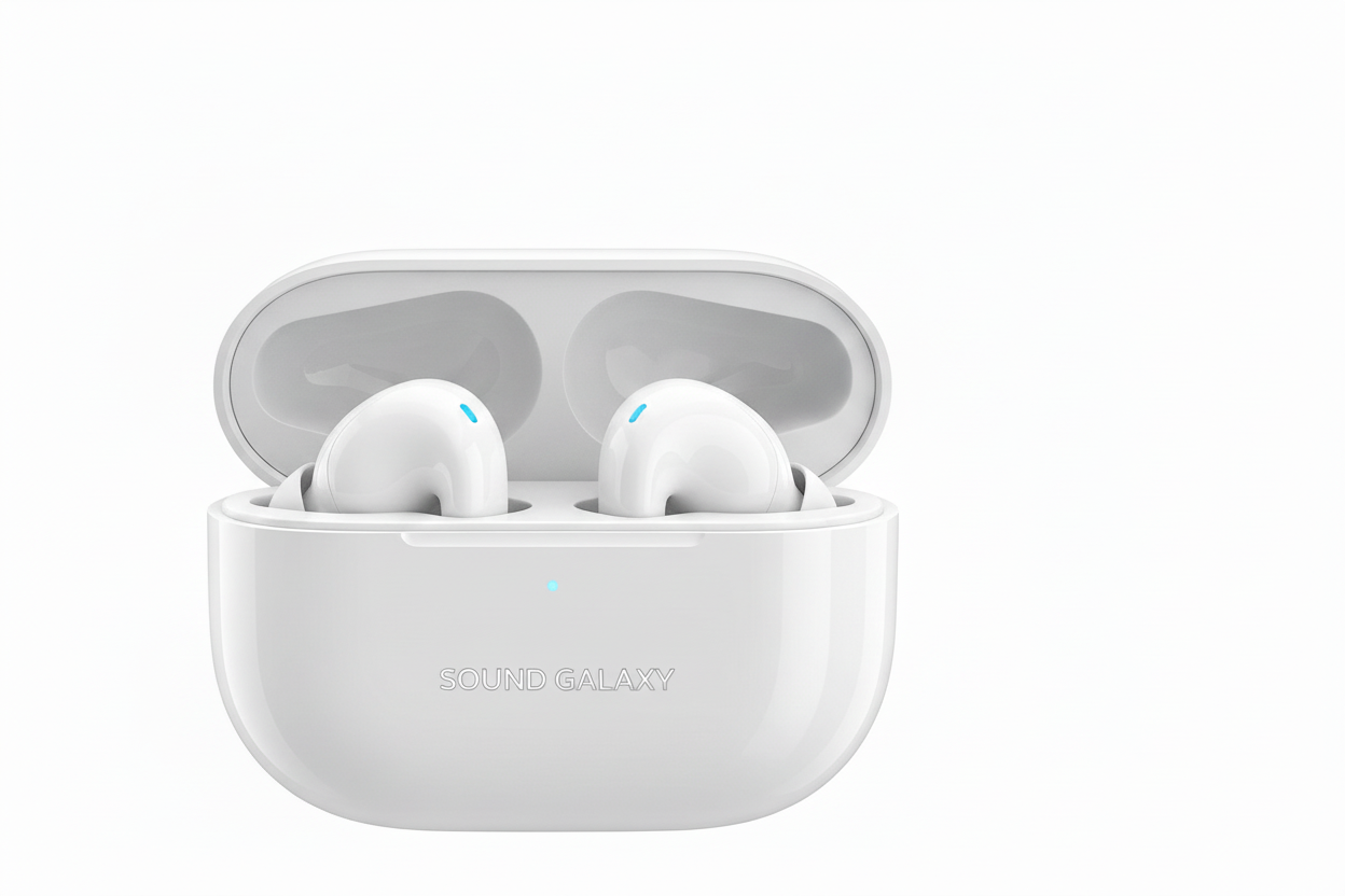 White wireless earbuds in a charging case on a white background with 'Sound Galxay' branding.